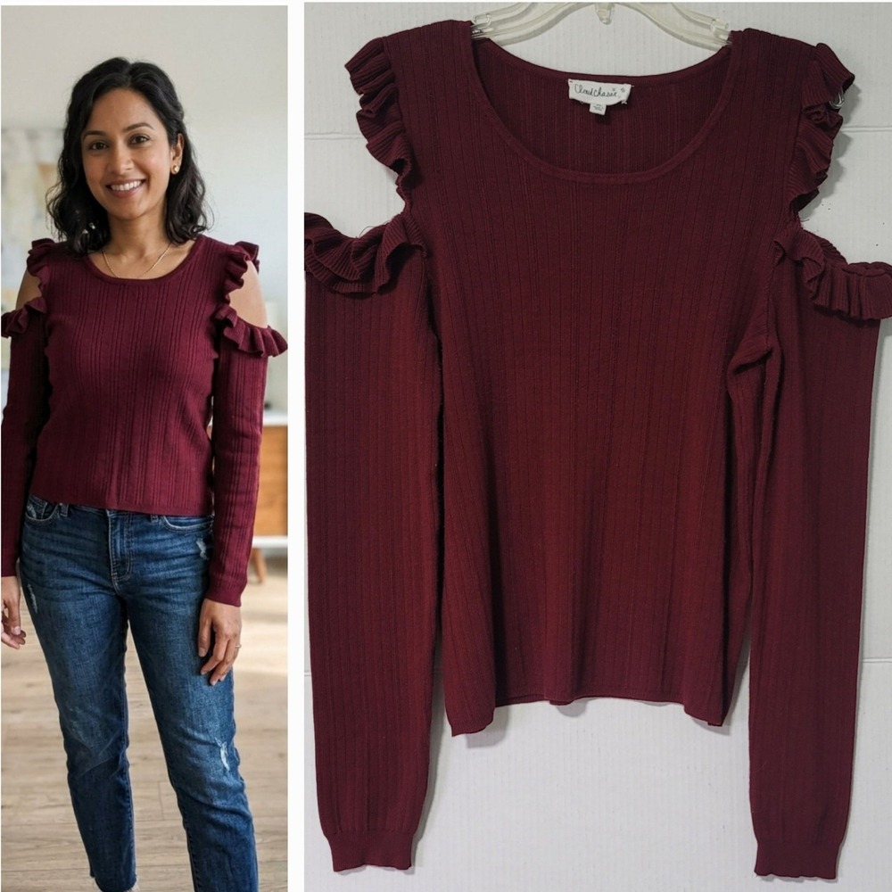 Cloud Chaser Cold Shoulder Top Womens XL Burgundy Ruffle Ribbed Knit Academia